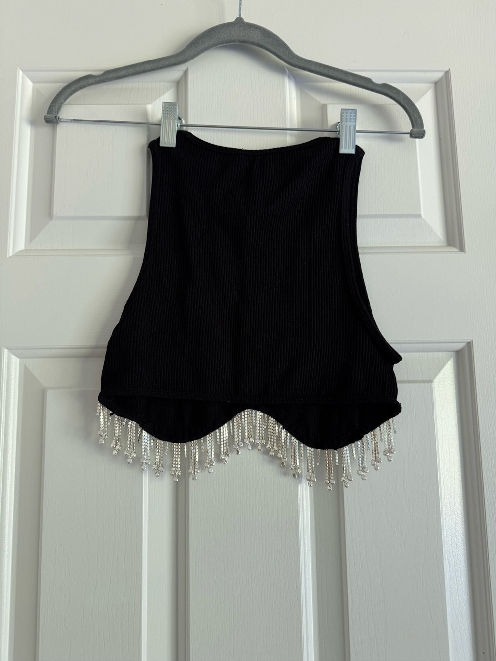 Zara Black Ribbed Crop Top with Silver Beaded Fringe Trim - Picture 7 of 7